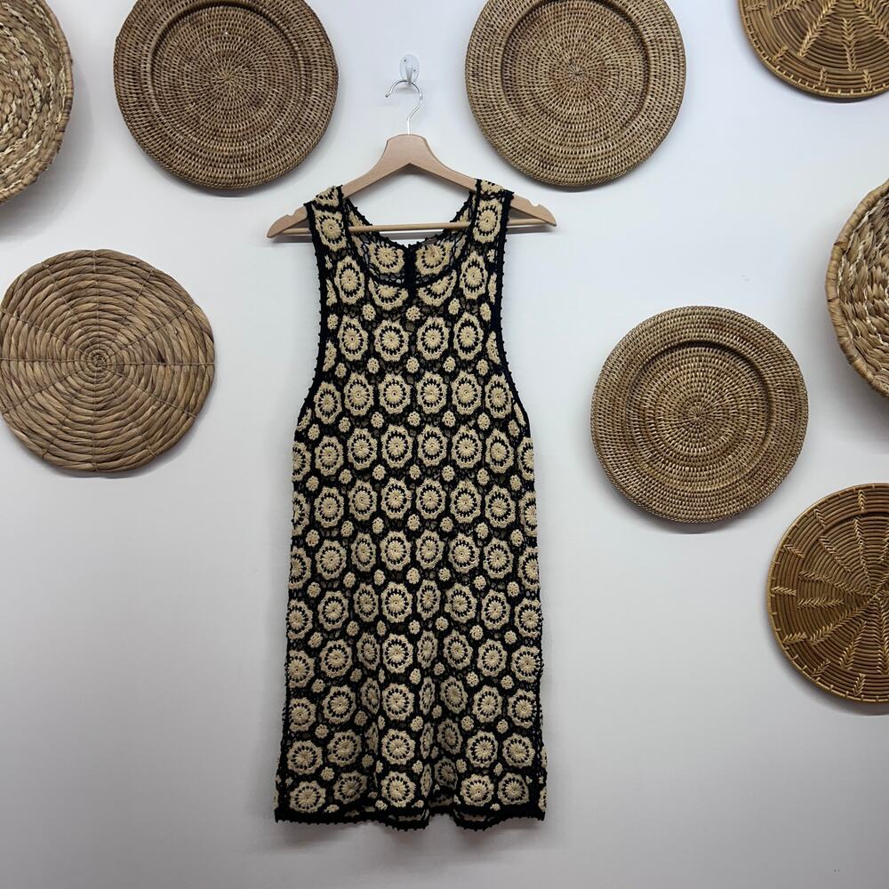 Free People Crochet Mini Dress Large Black Cream Boho See-Through Cover Up